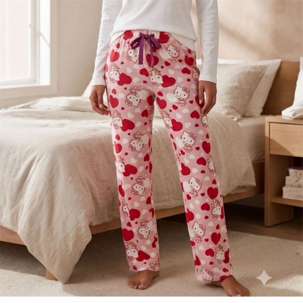 Sanrio Hello Kitty Sleep Pant Pajama Womens Sz M Hearts PJs Fleece NEW